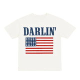 White t-shirt with 'Darlin' and American flag design on a white background