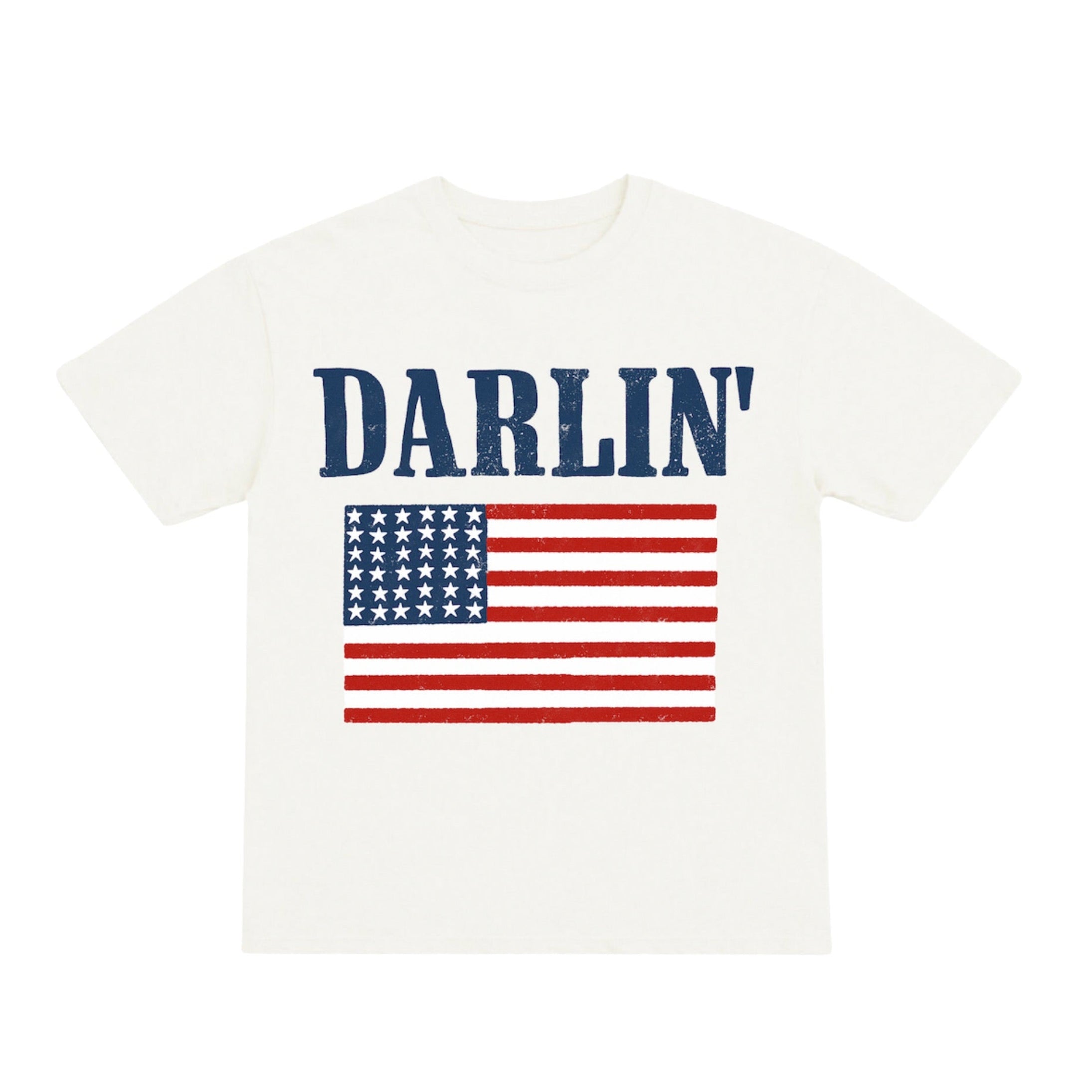 White t-shirt with 'Darlin' and American flag design on a white background