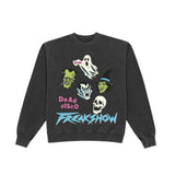 A dark gray crewneck sweatshirt featuring a colorful graphic print of various cartoonish horror characters and the text 'DeAd dScO FREAKSHOW' on the front, displayed against a solid white background.