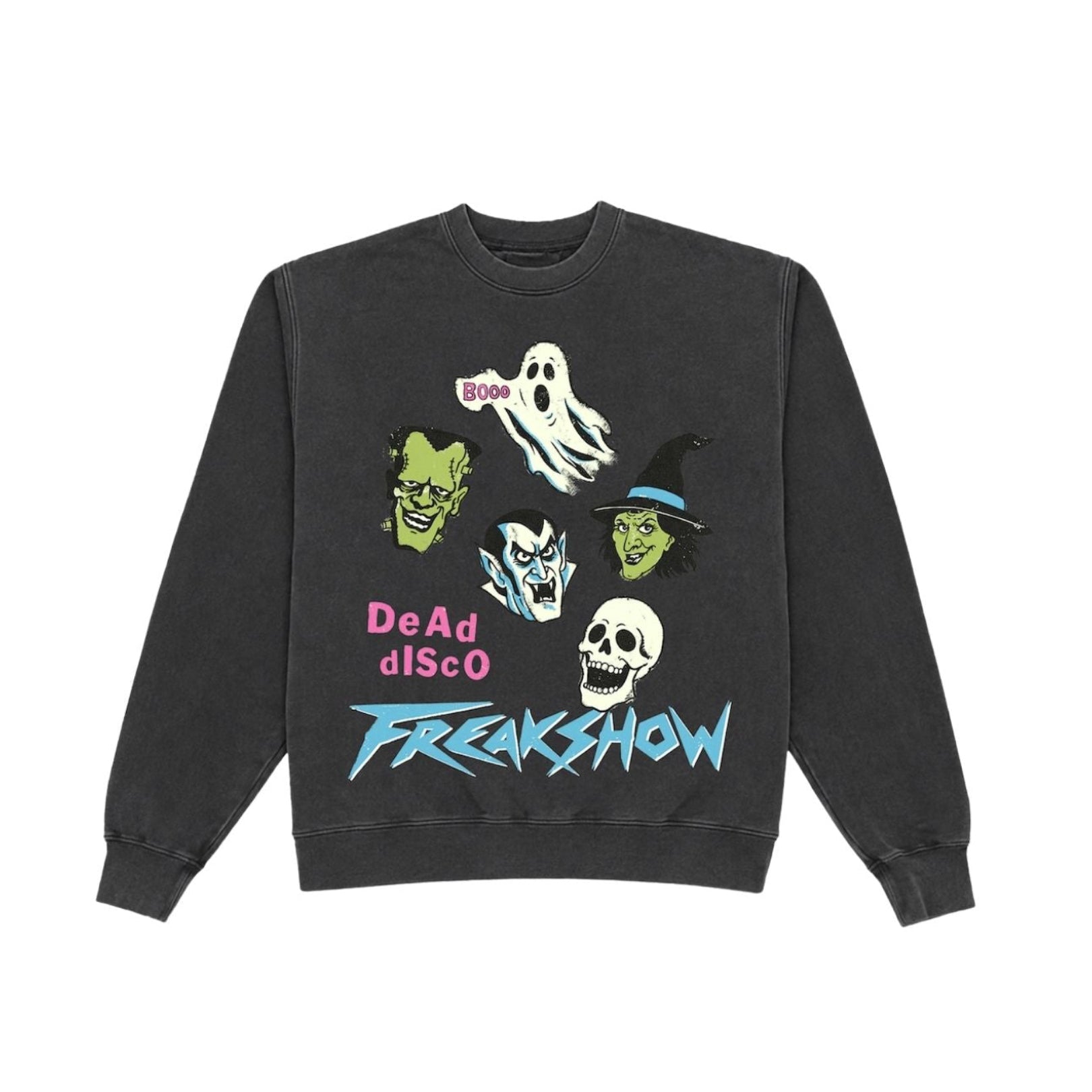 A dark gray crewneck sweatshirt featuring a colorful graphic print of various cartoonish horror characters and the text 'DeAd dScO FREAKSHOW' on the front, displayed against a solid white background.