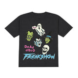 A black short-sleeve t-shirt featuring a colorful graphic print of classic horror movie monsters and the text 'Dead of Disco FREAKSHOW' on the front, displayed against a solid white background.