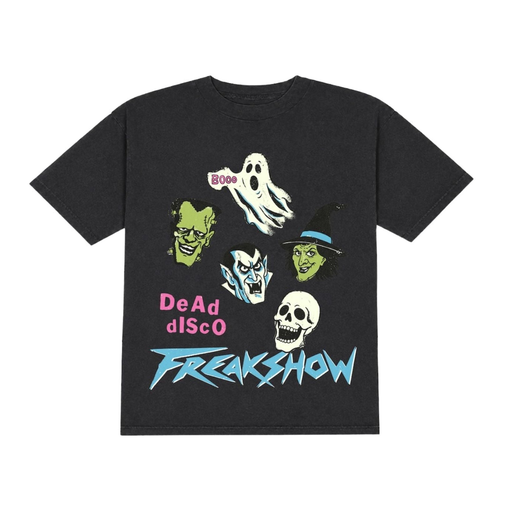 A black short-sleeve t-shirt featuring a colorful graphic print of classic horror movie monsters and the text 'Dead of Disco FREAKSHOW' on the front, displayed against a solid white background.