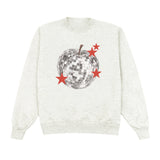 White sweatshirt with a disco ball and star design on a white background