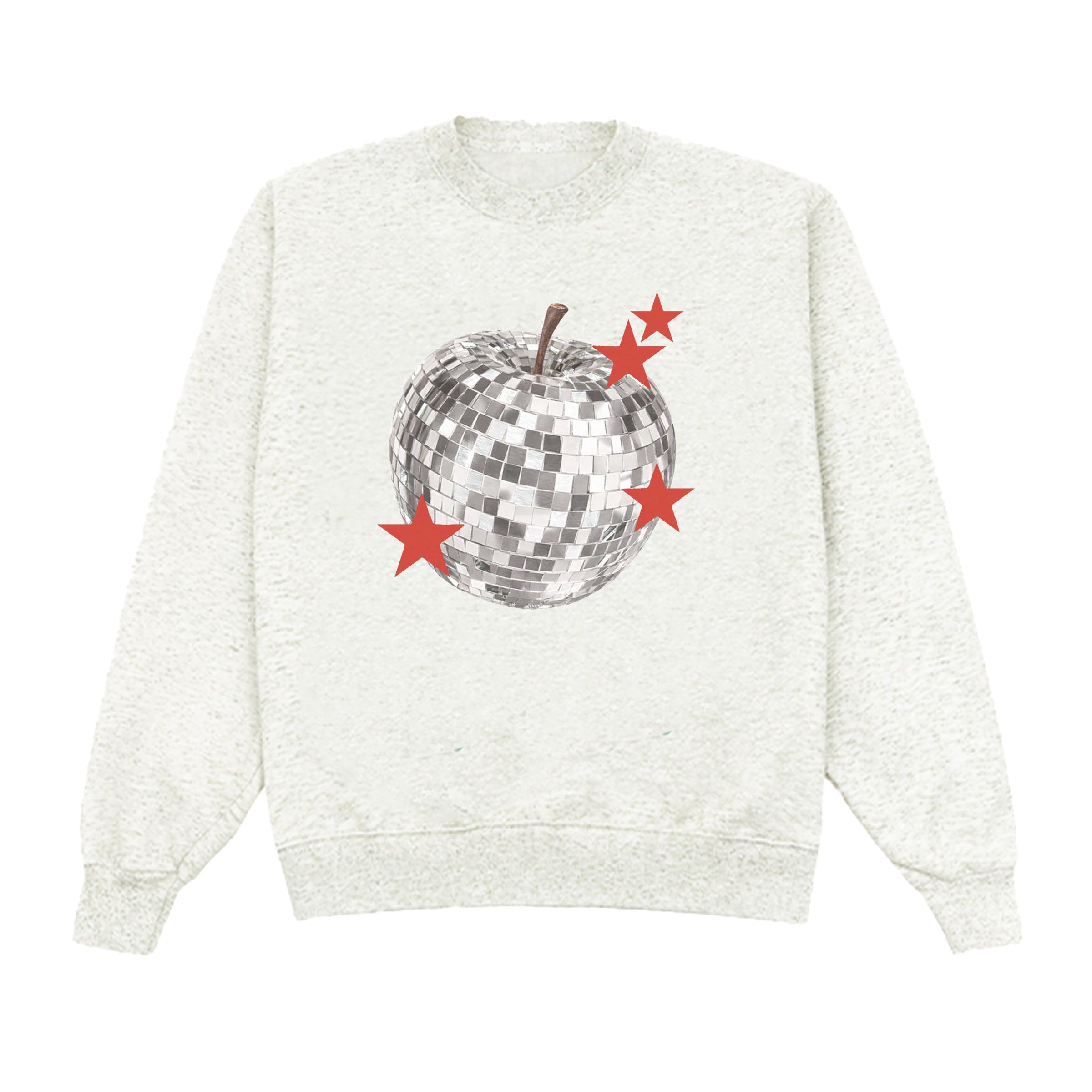 White sweatshirt with a disco ball and star design on a white background