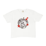 White t-shirt with a disco ball graphic and red stars on a white background