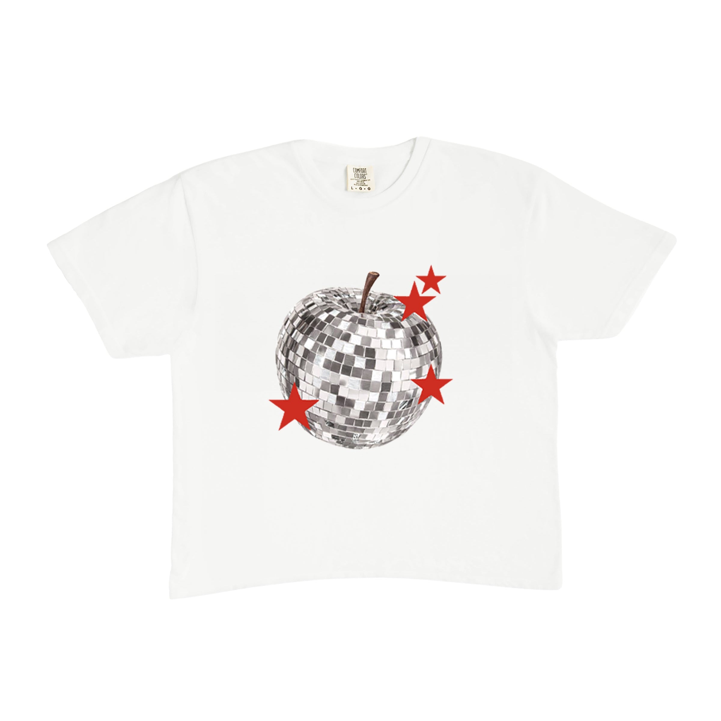 White t-shirt with a disco ball graphic and red stars on a white background