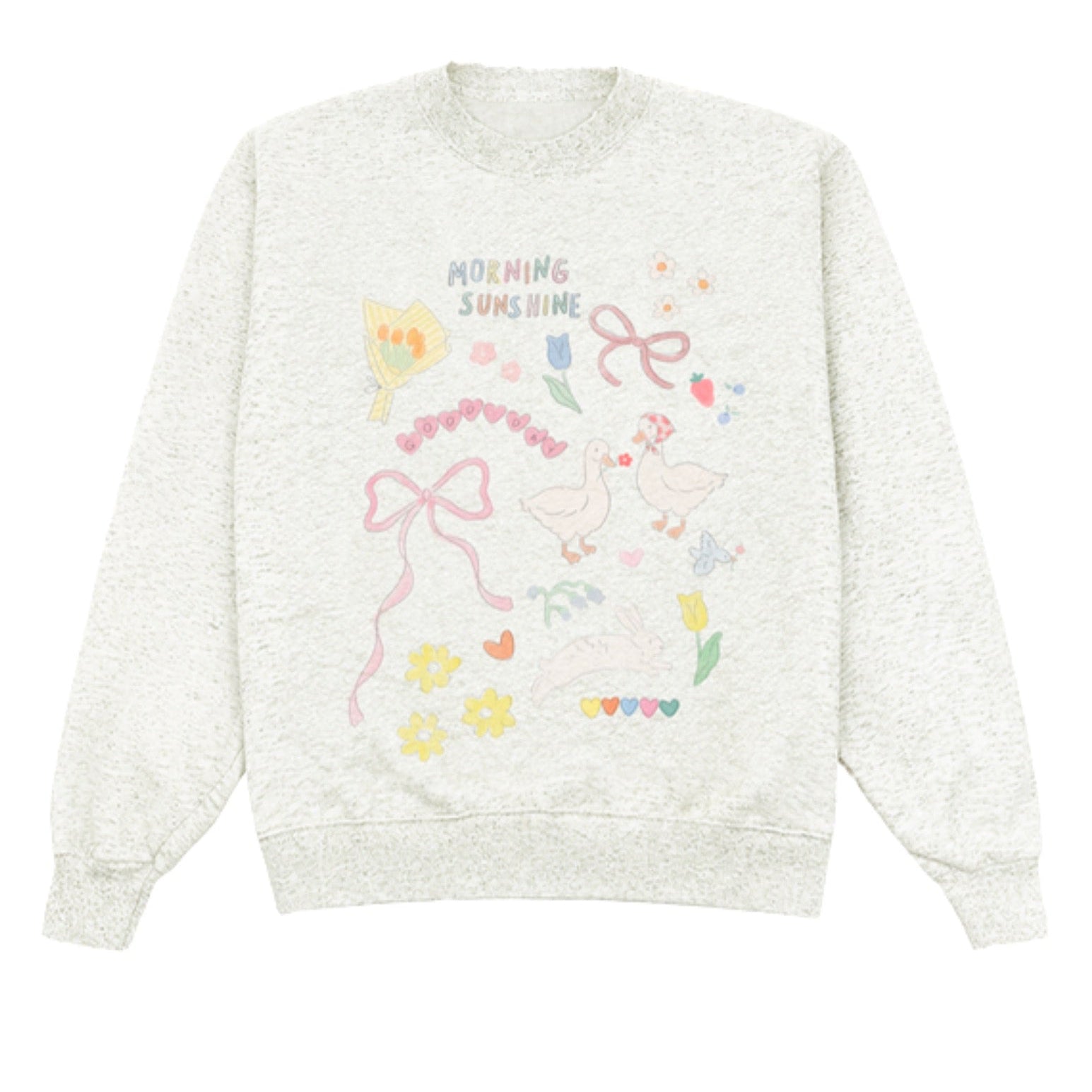 White sweatshirt with colorful graphics and text on a white background