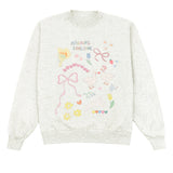 White sweatshirt with colorful graphics and text on a white background