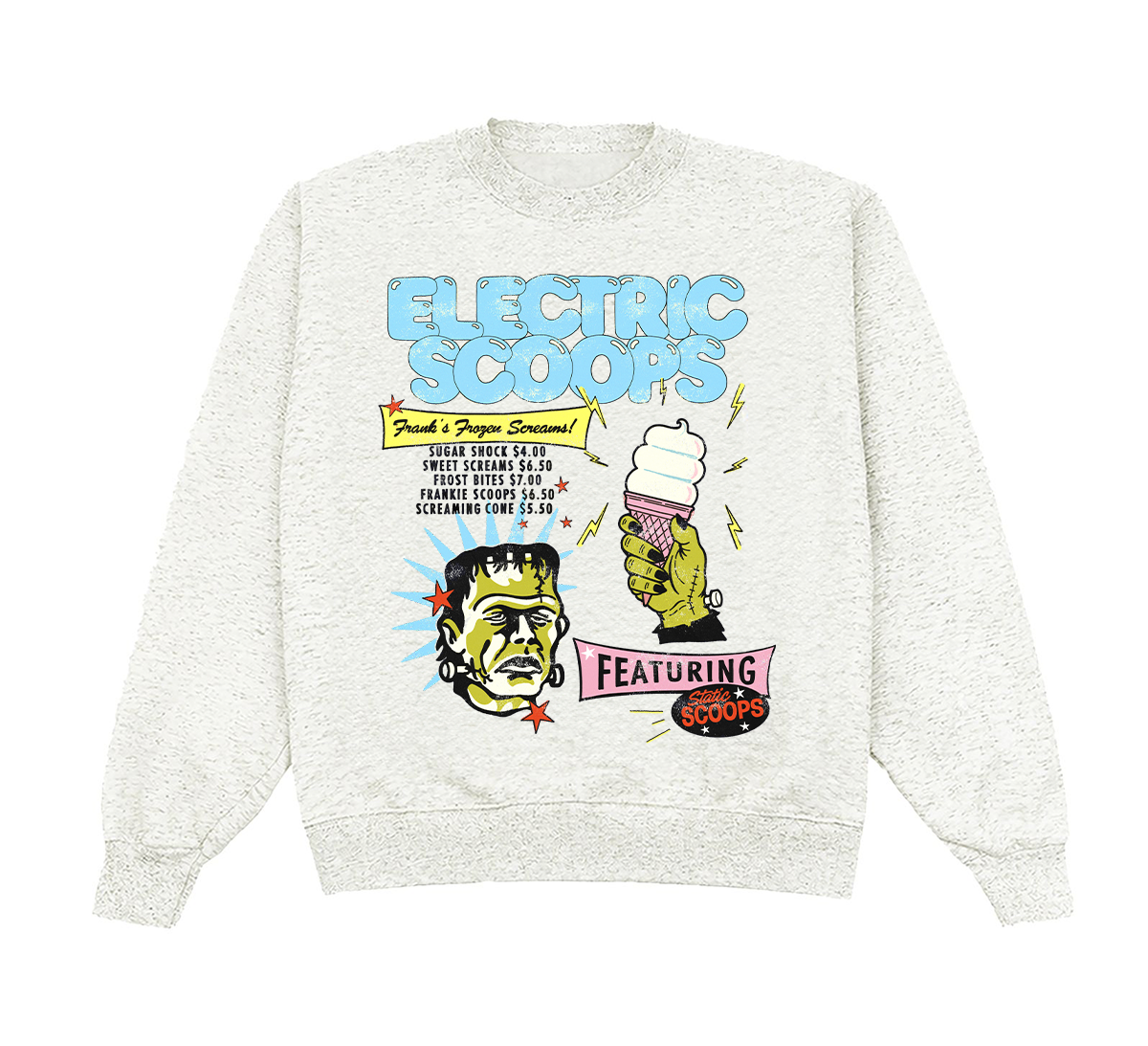 A light heather gray crewneck sweatshirt featuring a retro comic-style graphic of Frankenstein's monster holding an ice cream cone with the text 'ELECTRIC SCOOFS' and 'Featuring SCOOFS'.