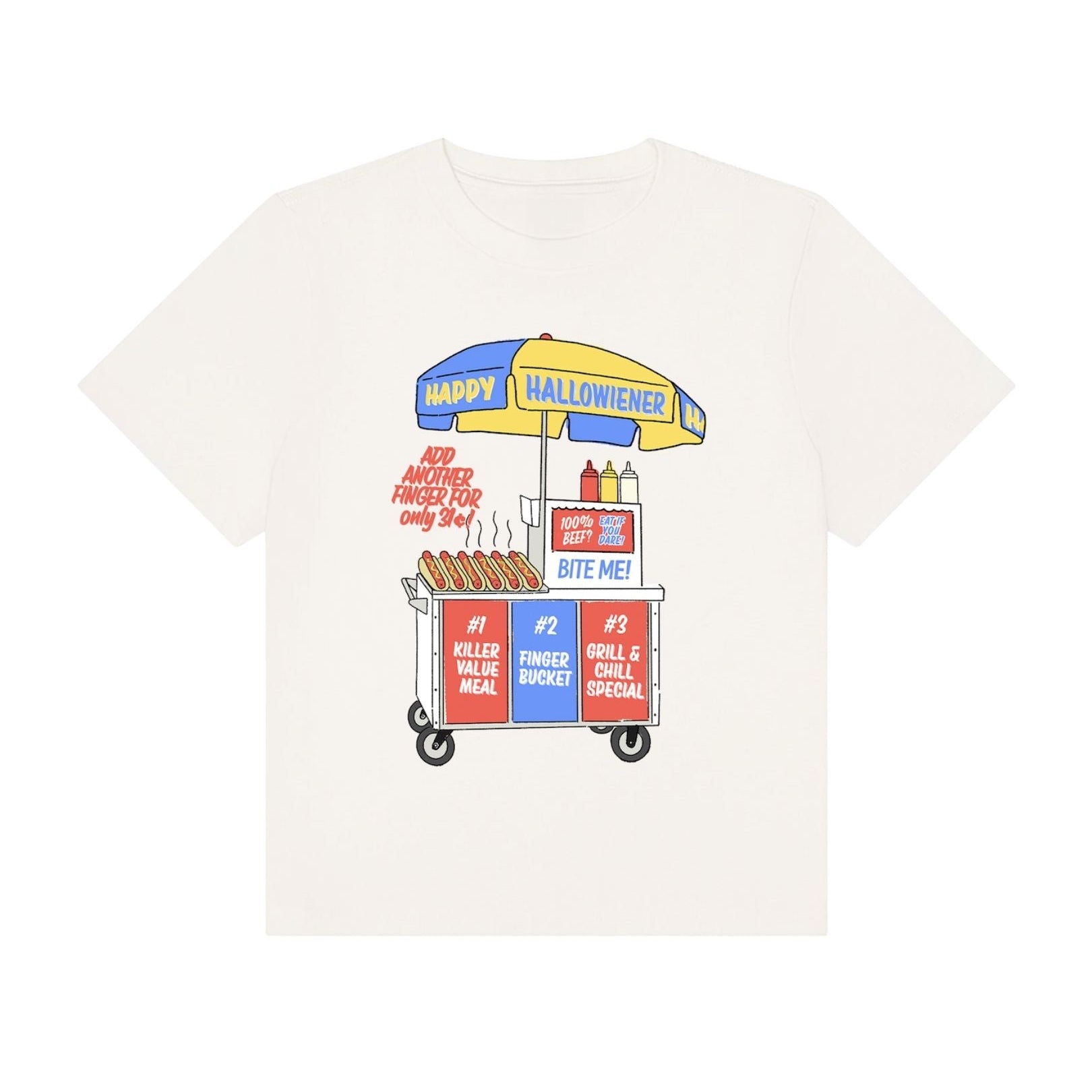 An off-white short-sleeve crewneck t-shirt featuring a colorful graphic print of a Halloween hot dog cart with the text 'HAPPY HALLOWEENCE' and 'AND ANOTHER FINGER FOR SHING'.
