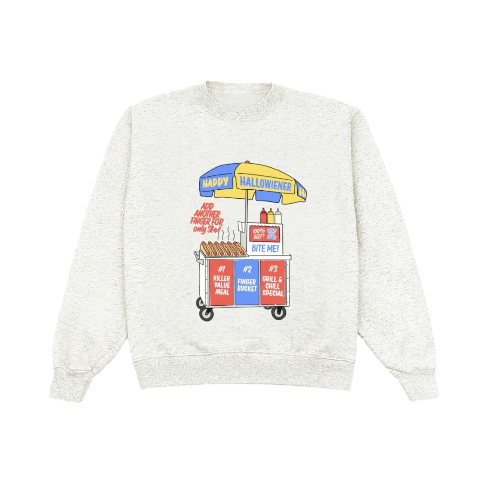 A light heather gray crewneck sweatshirt featuring a colorful graphic print of a Halloween-themed hot dog cart on the front.