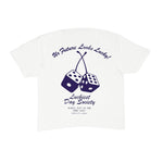 White t-shirt with blue graphic and text on a white background