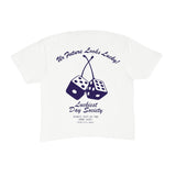 White t-shirt with blue graphic and text on a white background