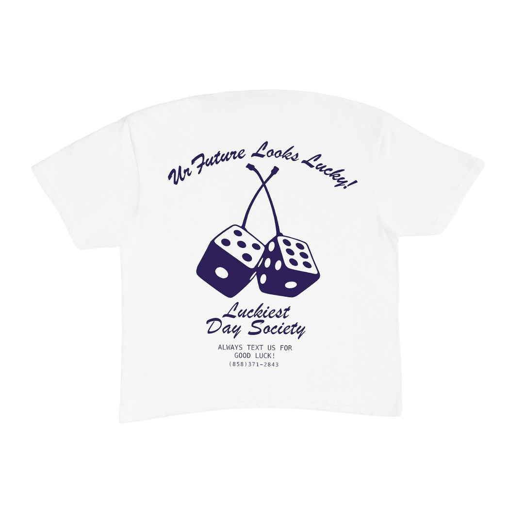 White t-shirt with blue graphic and text on a white background