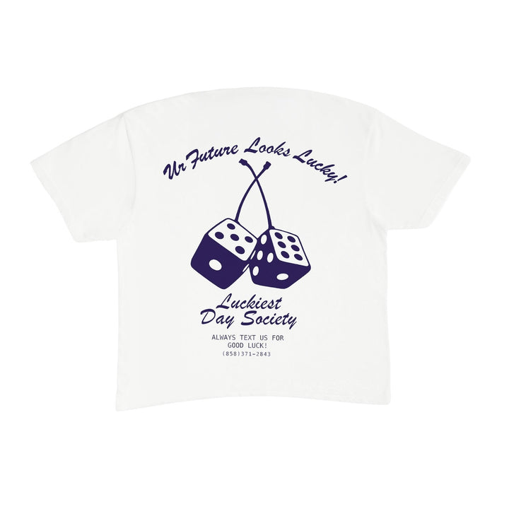 White t-shirt with blue graphic and text on a white background