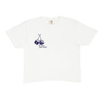 White t-shirt with a small graphic on a white background