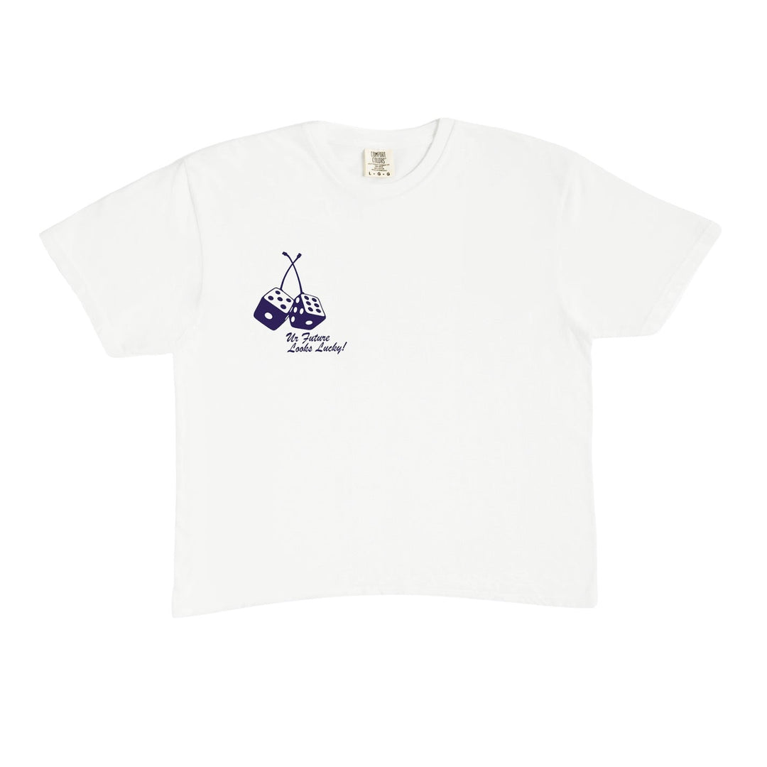 White t-shirt with a small graphic on a white background
