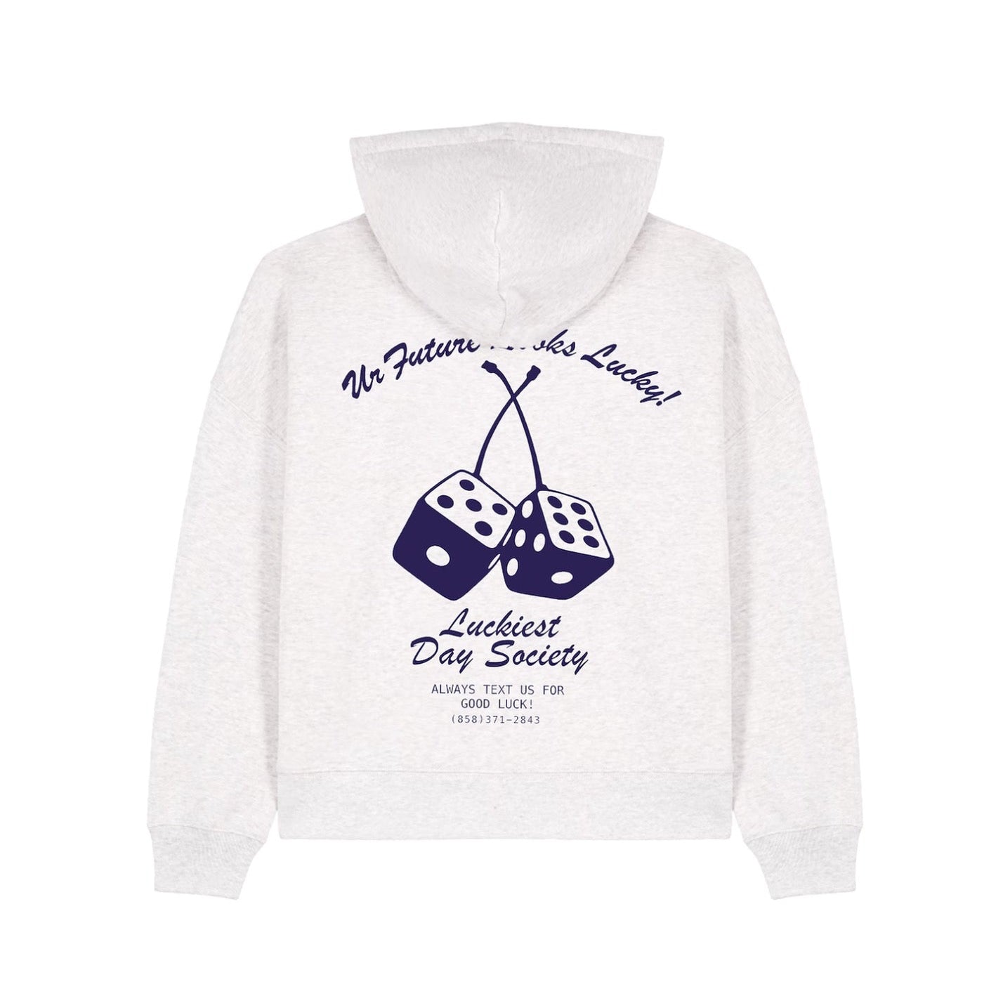 White hoodie with blue text and dice design on a white background