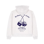 White hoodie with blue text and dice design on a white background