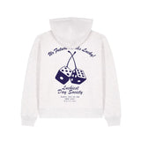 White hoodie with blue text and dice design on a white background