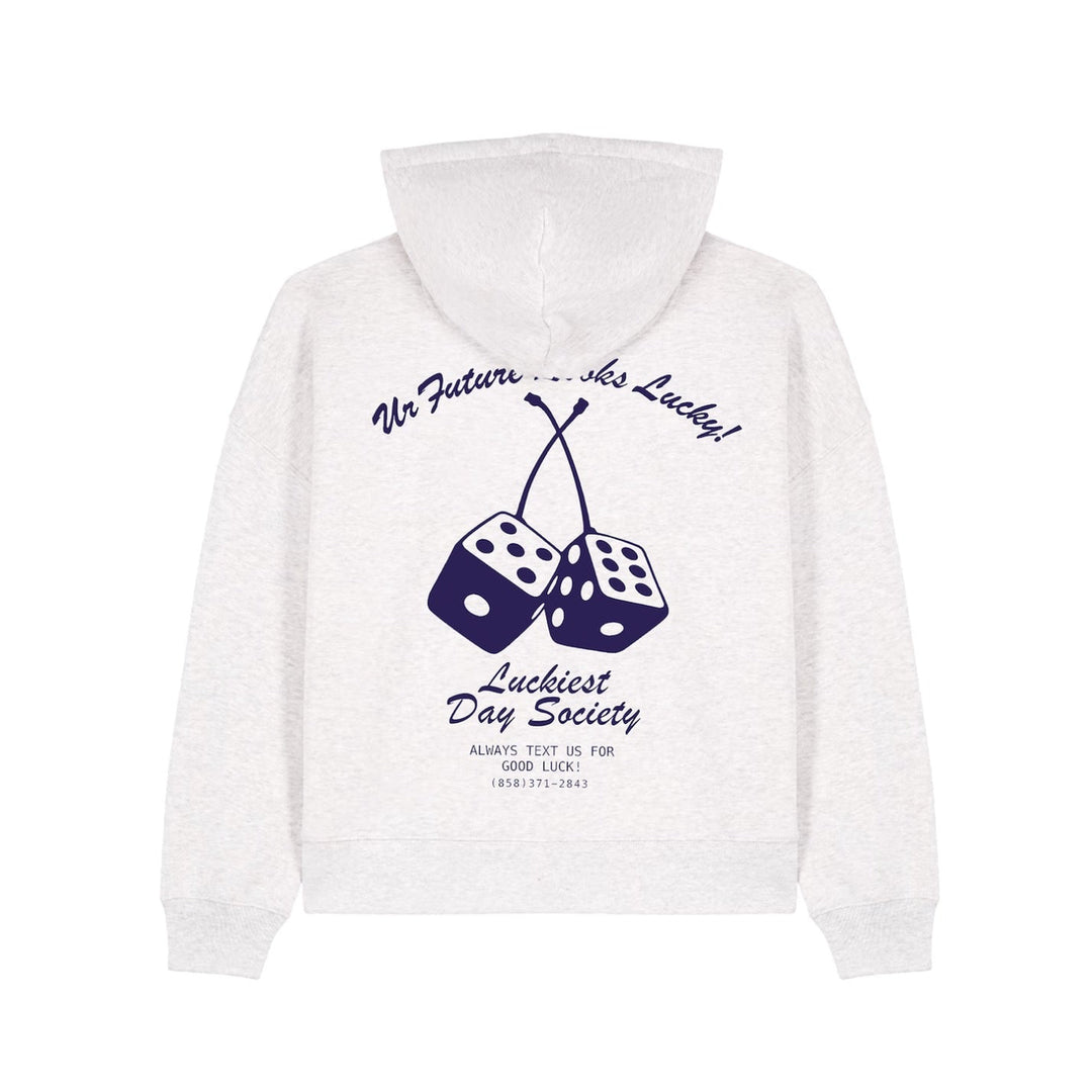 White hoodie with blue text and dice design on a white background