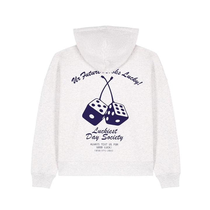 White hoodie with blue text and dice design on a white background