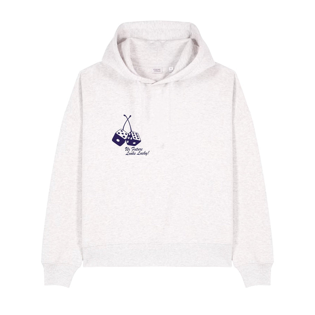 White hoodie with a graphic design on a white background