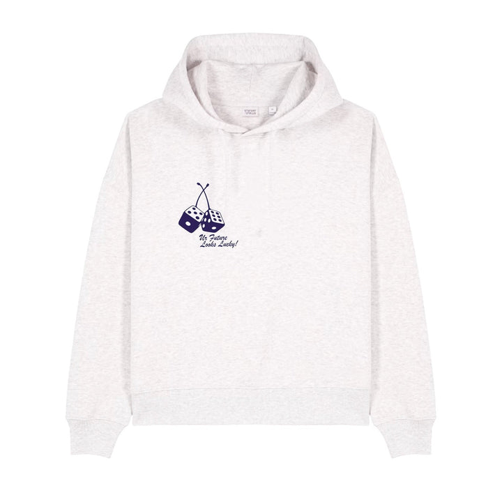White hoodie with a graphic design on a white background