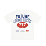 White t-shirt with 'Future Looks Lucky' text and design on a white background