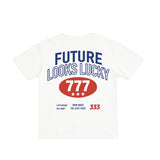 White t-shirt with 'Future Looks Lucky' text and design on a white background