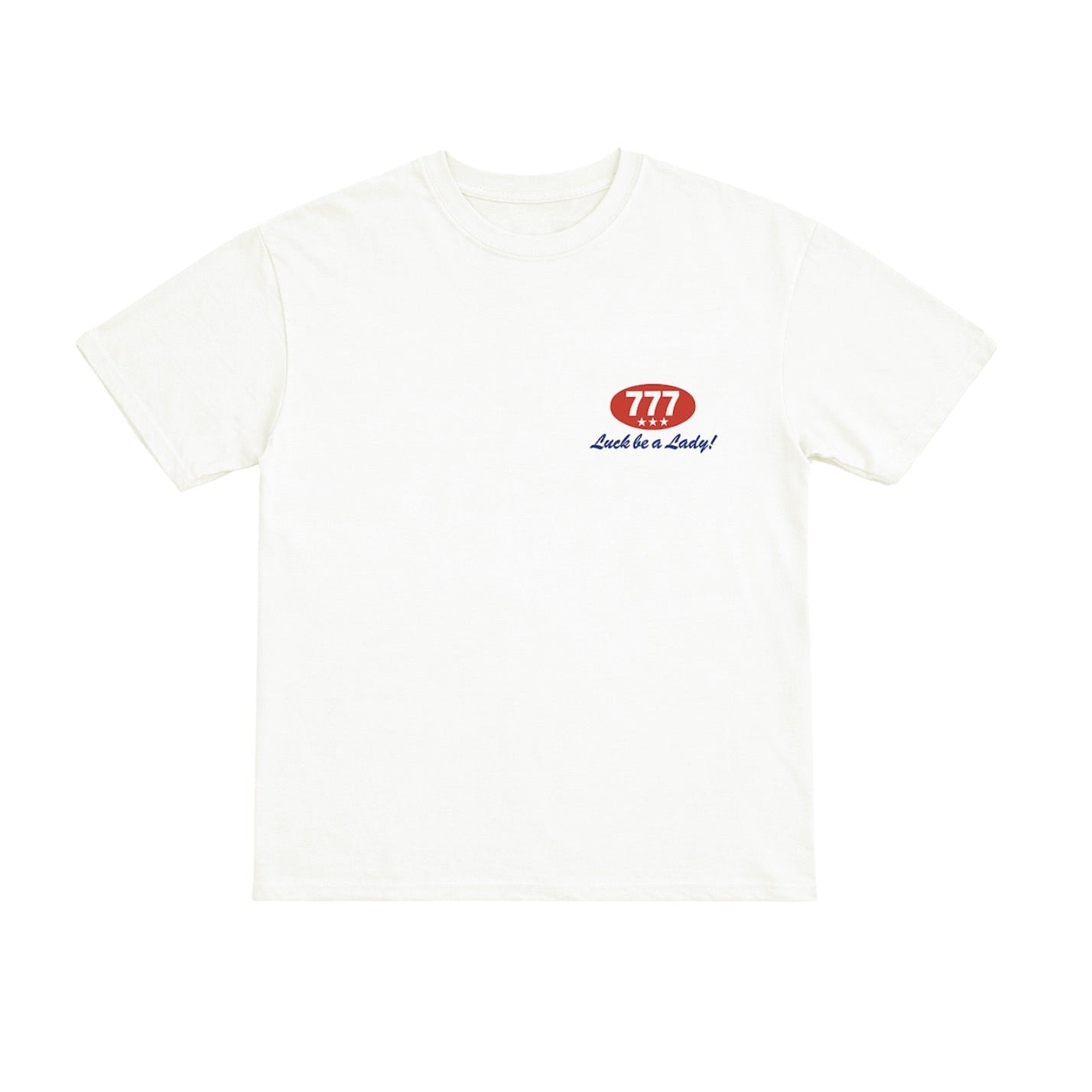 White t-shirt with a red and black logo on a white background