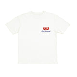 White t-shirt with a red and black logo on a white background