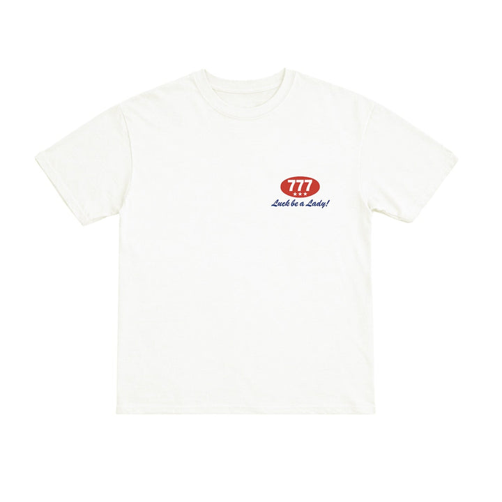 White t-shirt with a red and black logo on a white background