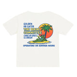 White t-shirt with a colorful graphic of a gator, palm tree, and text on a white background