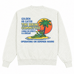 White sweatshirt with a colorful graphic of a gator on a surfboard, palm tree, and sunset.