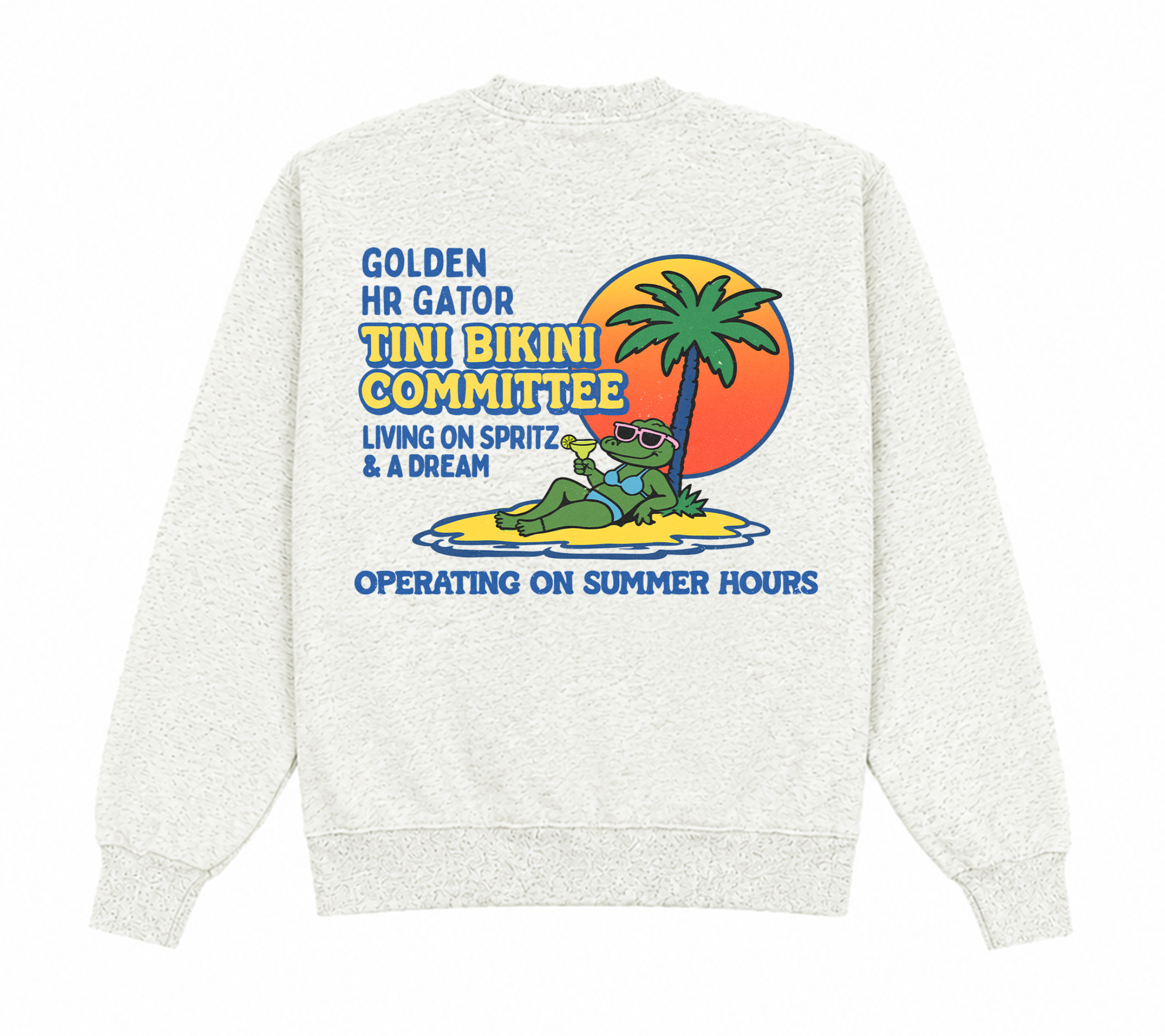 White sweatshirt with a colorful graphic of a gator on a surfboard, palm tree, and sunset.