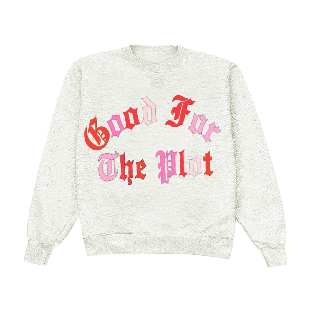 White sweatshirt with colorful text on a white background