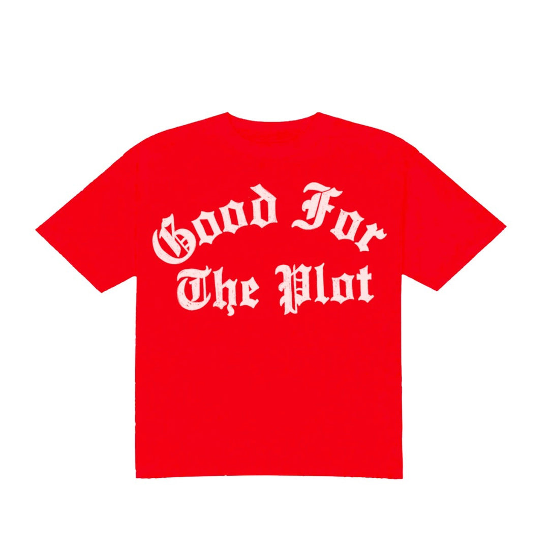 Red t-shirt with white text 'Good For The Plot' on a white background