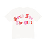 White t-shirt with 'Good For The Plot' text in red and pink on a white background