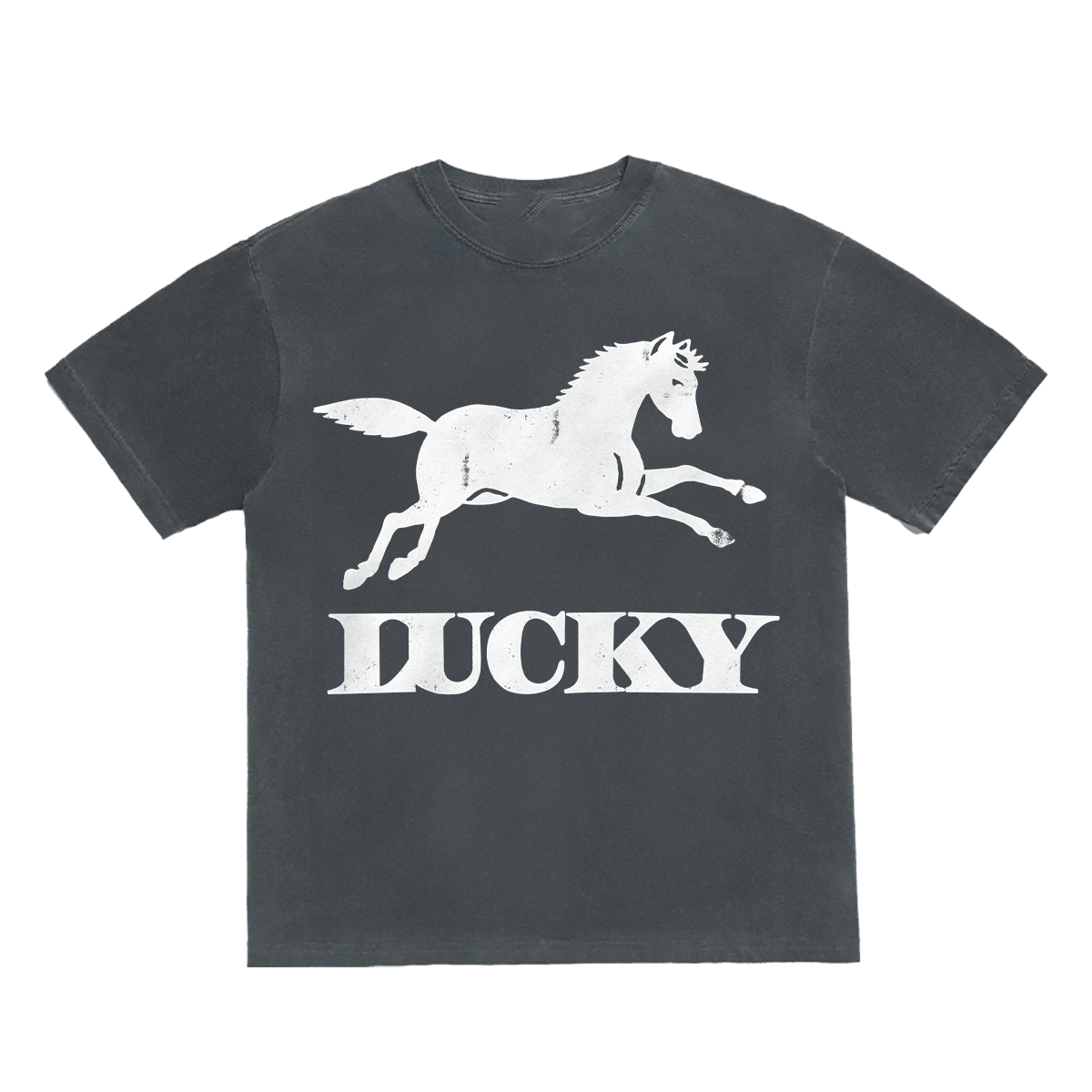 Black t-shirt with a white horse graphic and 'LUCKY' text on a white background