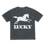 Black t-shirt with a white horse graphic and 'LUCKY' text on a white background