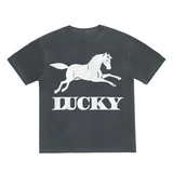 Black t-shirt with a white horse graphic and 'LUCKY' text on a white background