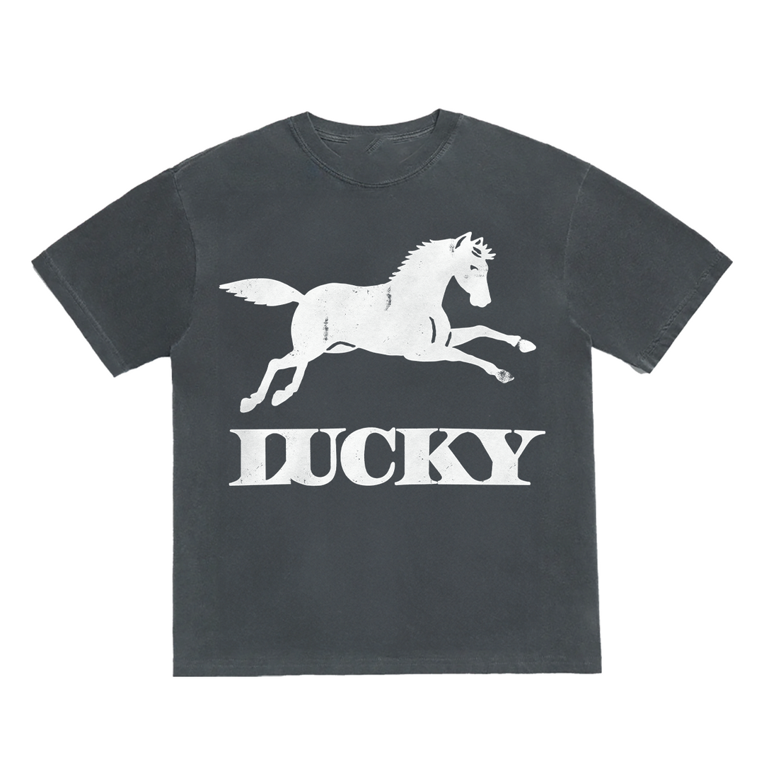 Black t-shirt with a white horse graphic and &