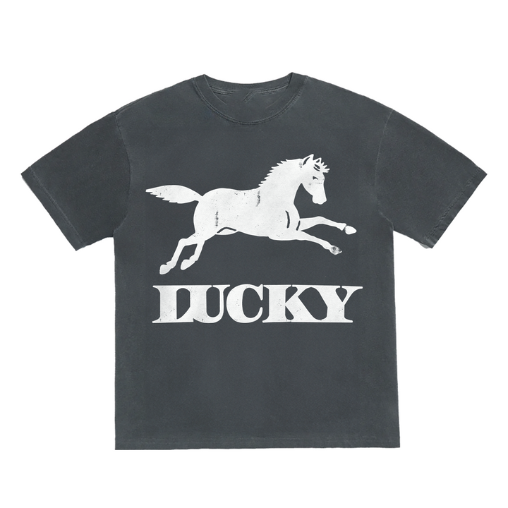 Black t-shirt with a white horse graphic and &