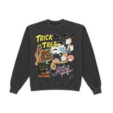 A dark gray crewneck sweatshirt featuring a colorful, vintage-style Halloween graphic print on the front with text like 'TRICK or TREAT' and 'SHOOT OUT MY KINIDS!'.
