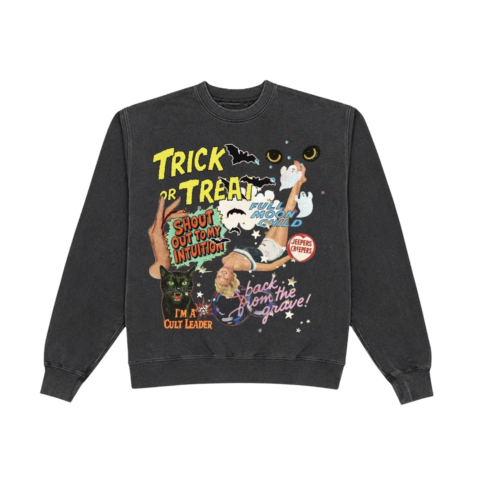 A dark gray crewneck sweatshirt featuring a colorful, vintage-style Halloween graphic print on the front with text like 'TRICK or TREAT' and 'SHOOT OUT MY KINIDS!'.