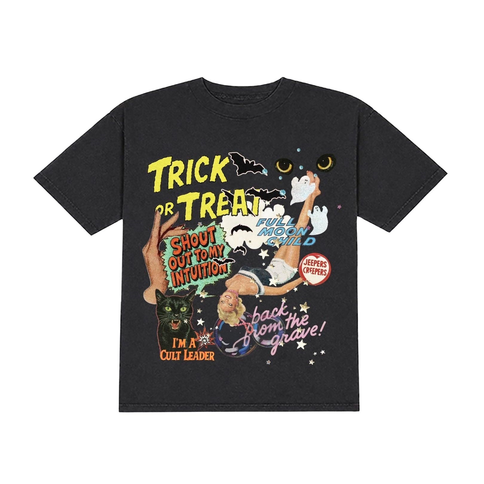 A black short-sleeve graphic t-shirt featuring a colorful Halloween-themed design with the text 'TRICK OR TREAT', a cat, a ghost, and spooky illustrations on a plain white background.