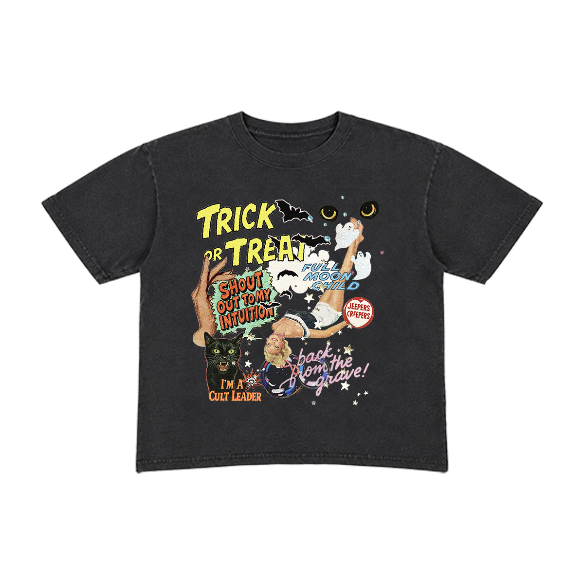 A black short-sleeve graphic t-shirt featuring a colorful Halloween-themed print with a cat, spooky text, and phrases like 'Trick or Treat' and 'Shout out to my neighbor'.