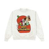 A light heather gray crewneck sweatshirt featuring a colorful graphic of a skeleton and Halloween characters inside a jack-o'-lantern with 'Happy Halloween!' written on it.