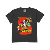 A dark charcoal gray short-sleeve t-shirt with a colorful Halloween graphic on the front, featuring a skeleton, ghosts, and a pumpkin with the text 'Happy Halloween!'.